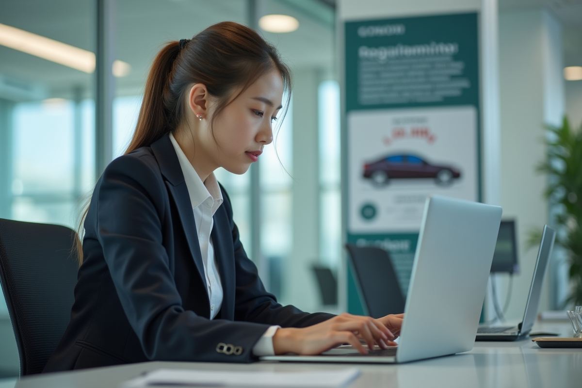 Jeune femme en bureau étudiant un rapport sur les hybrides