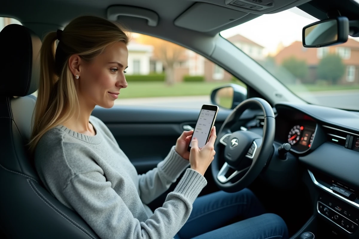 Femme utilisant une application de diagnostic automobile sur smartphone connectée à un boîtier OBD2 dans son SUV