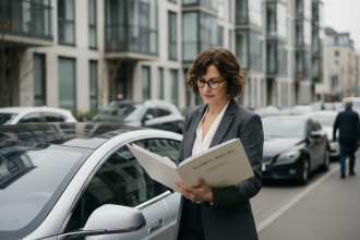 Femme d'âge moyen vérifiant son assurance auto en extérieur