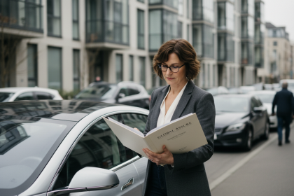 Femme d'âge moyen vérifiant son assurance auto en extérieur