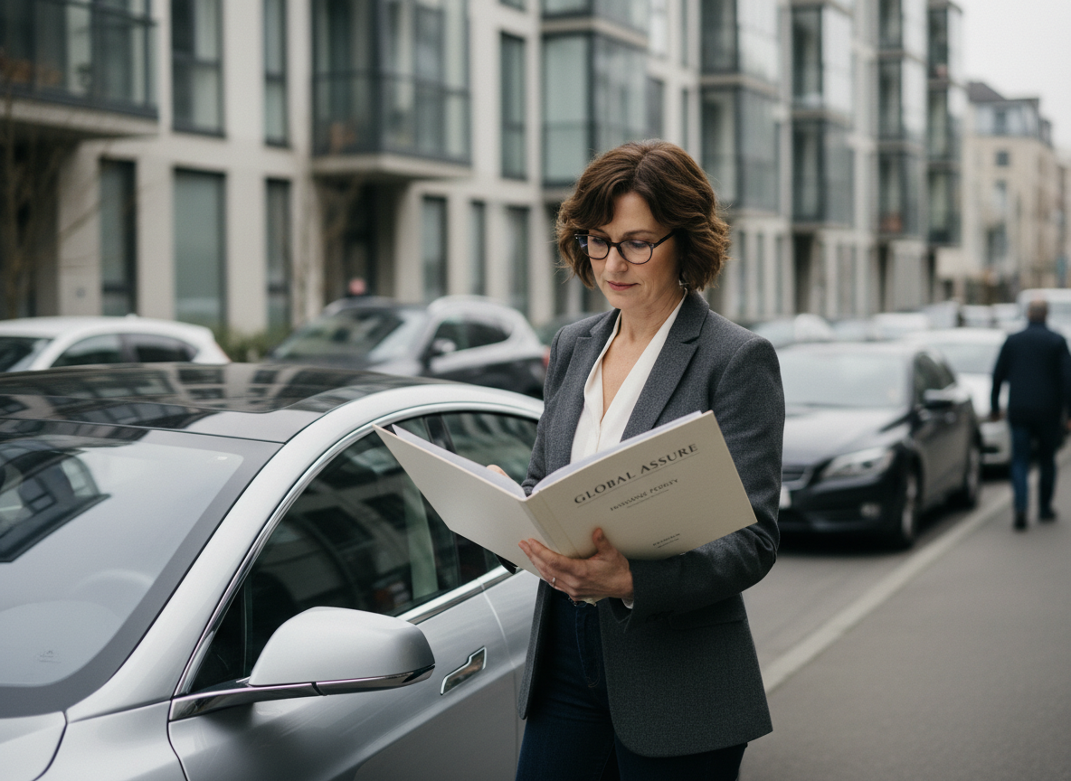 Femme d'âge moyen vérifiant son assurance auto en extérieur
