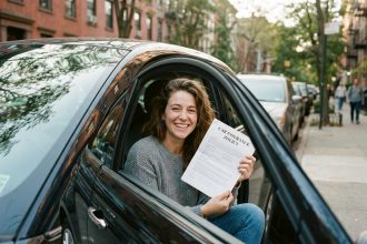 Jeune femme souriante avec assurance auto dans la voiture