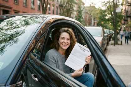 Jeune femme souriante avec assurance auto dans la voiture