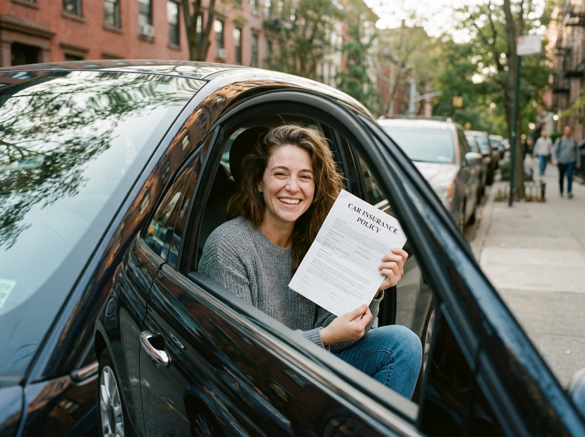 Jeune femme souriante avec assurance auto dans la voiture