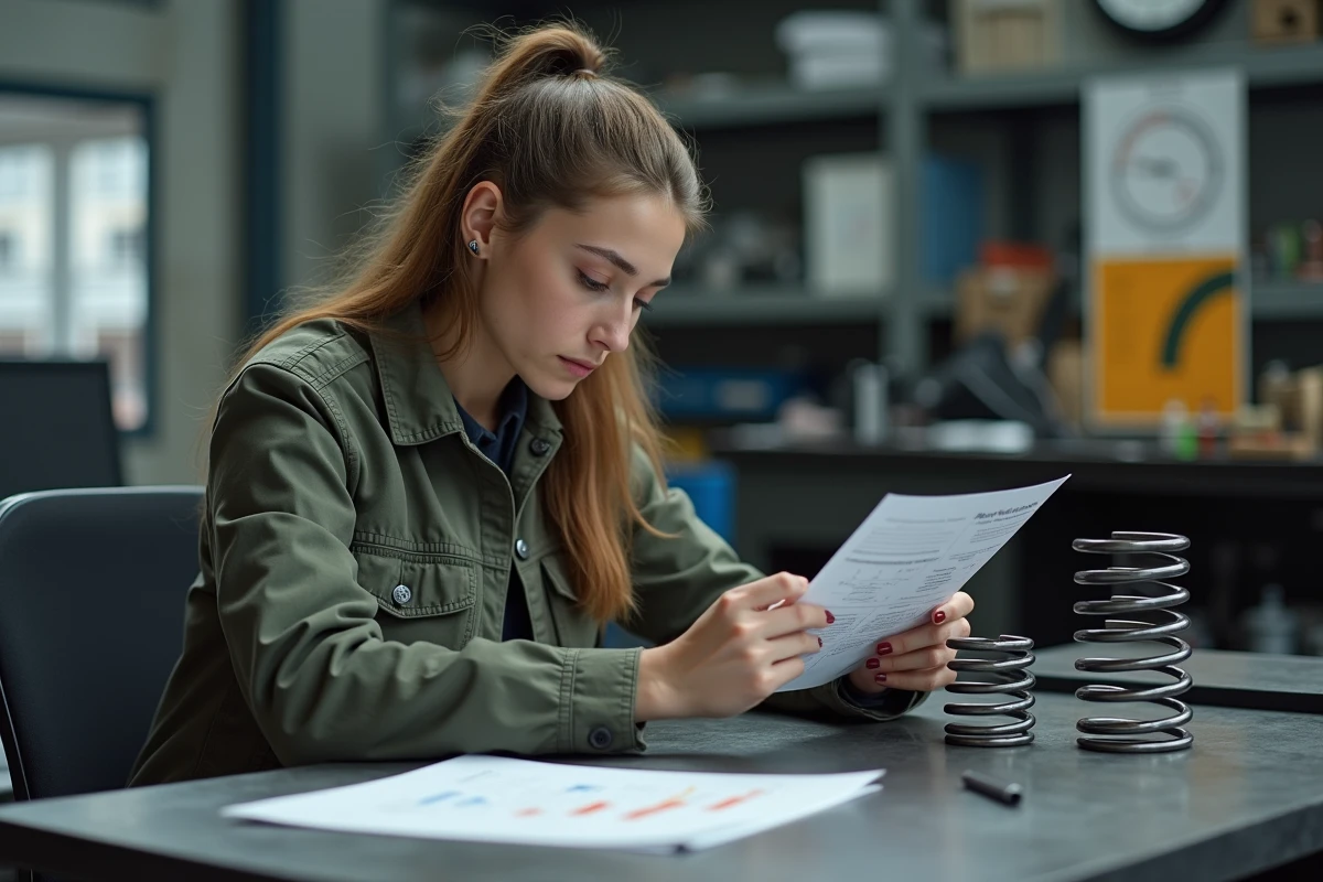 Jeune femme compare ressort et graphique dans atelier