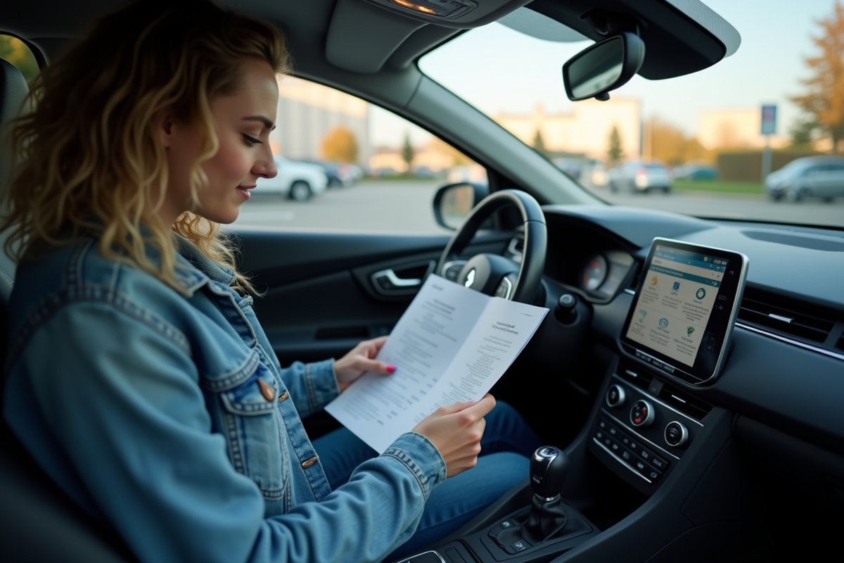 Jeune femme regardant le tableau de bord Renault dans la voiture