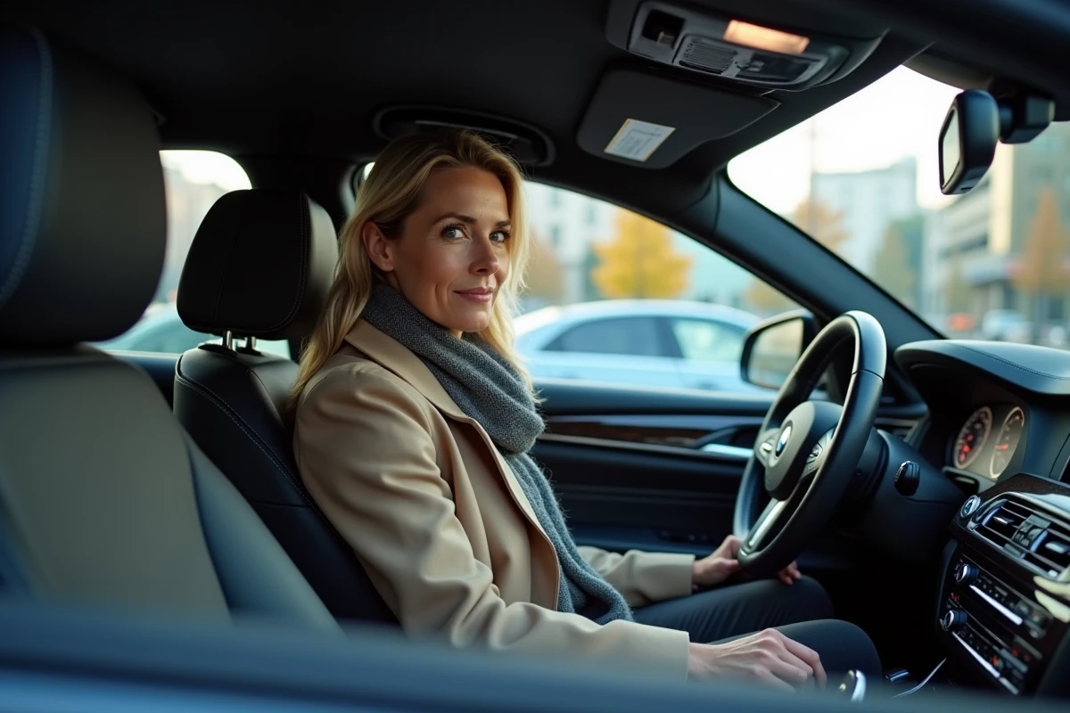 Femme dans la voiture BMW série 5 en ville avec intérieur visible
