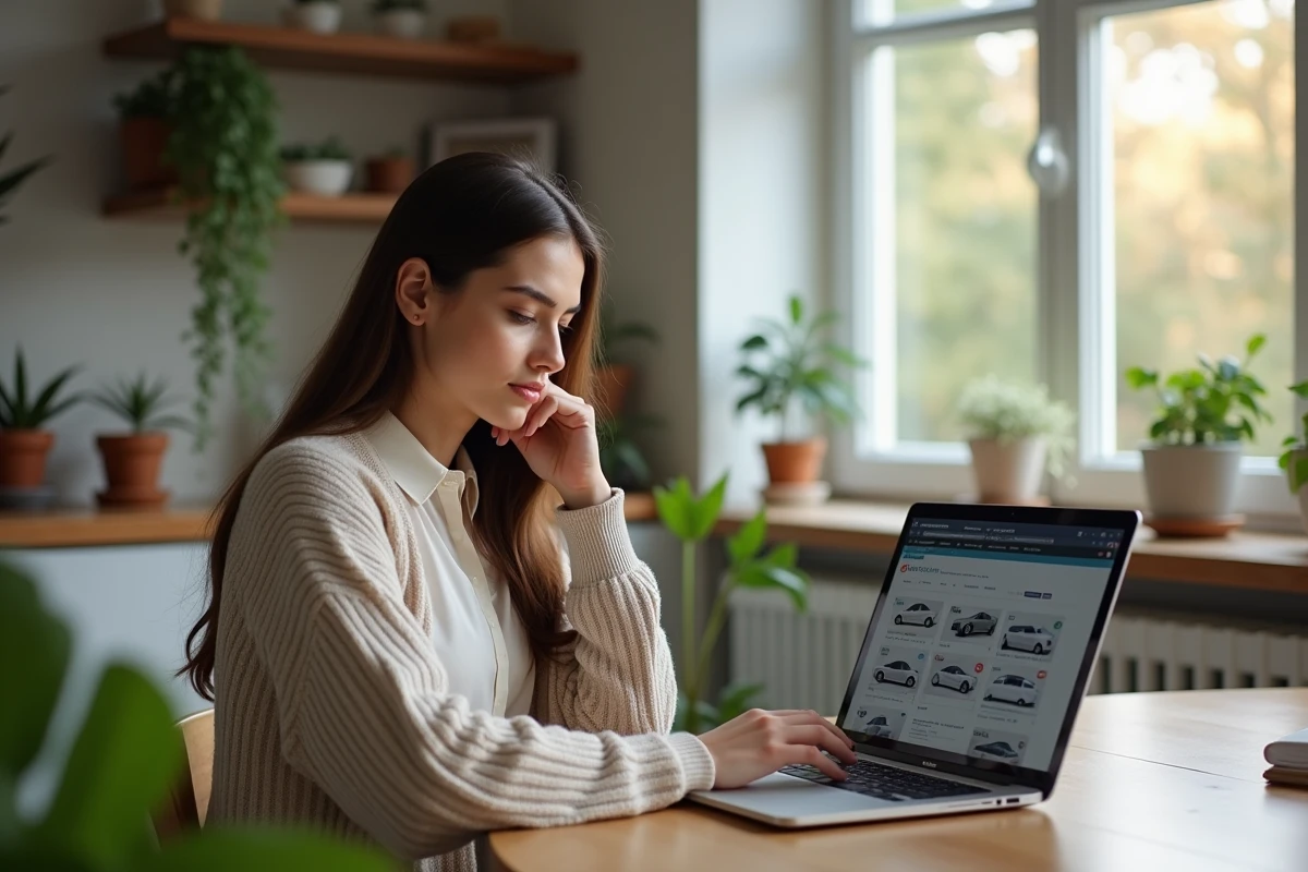 Femme consulte des annonces de voitures en ligne à la maison