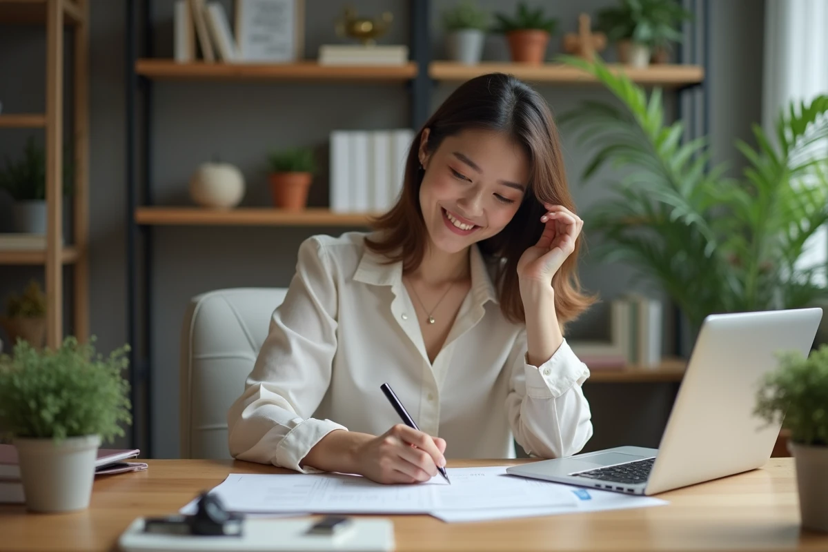 Femme au bureau organisant ses papiers avec un ordinateur
