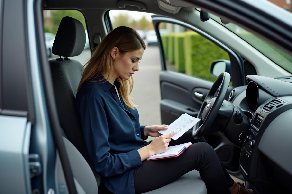 Femme calculant la consommation de carburant de sa voiture à partir d'un reçu de plein d'essence