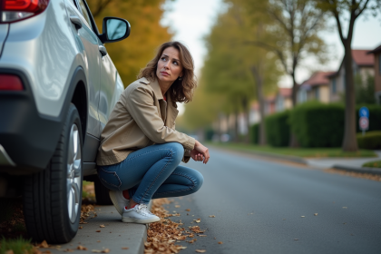 Femme examinant un pneu crevé à côté de sa voiture dans un quartier résidentiel