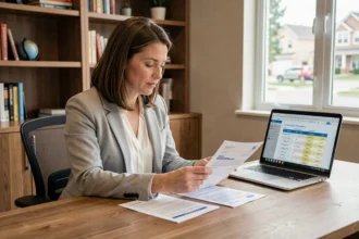 Femme comparant des offres d'assurance auto sur des documents imprimés et un ordinateur portable dans un bureau à domicile