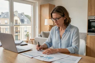 Femme comparant des offres d'assurance auto sur des documents papier dans un appartement à Pau