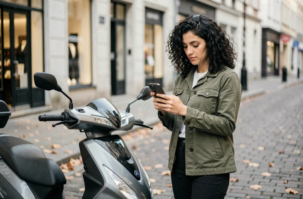 Femme consultant son smartphone à côté de son scooter dans une rue pavée pour comparer des assurances