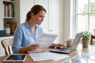 Femme comparant des devis d'assurance auto sur ordinateur portable à la maison