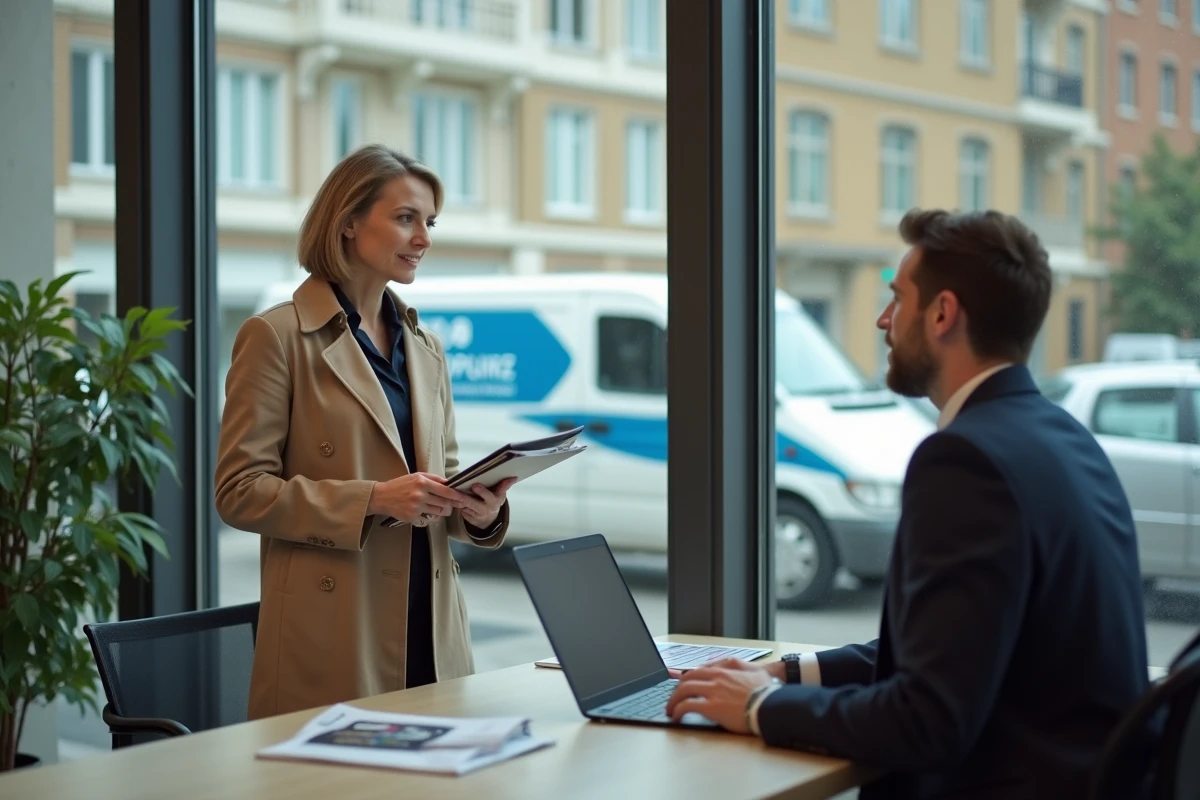 Femme discutant avec un agent de location de vans en bureau