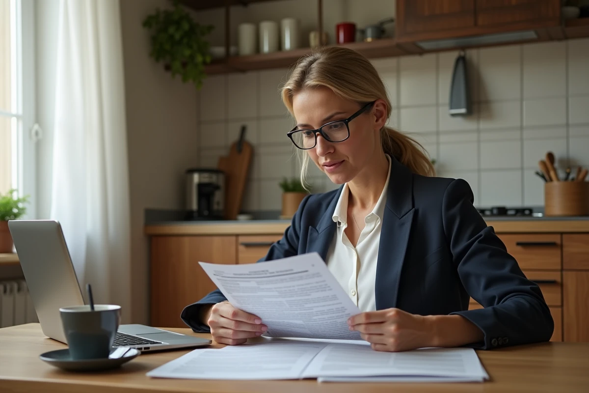 Femme consultant un avis d'amende italienne à son bureau pour en vérifier la validité légale