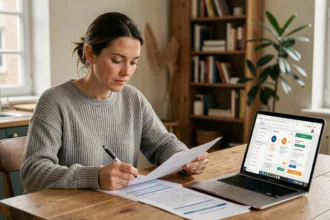 Femme consultant des documents d'assurance voiture au tiers sur une table en bois avec un ordinateur portable
