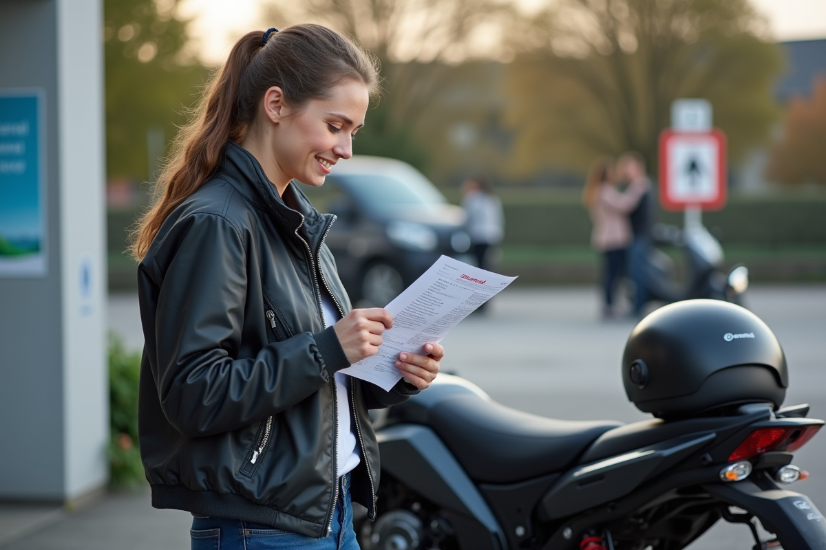 Femme souriante vérifiant un document avec sa moto à côté