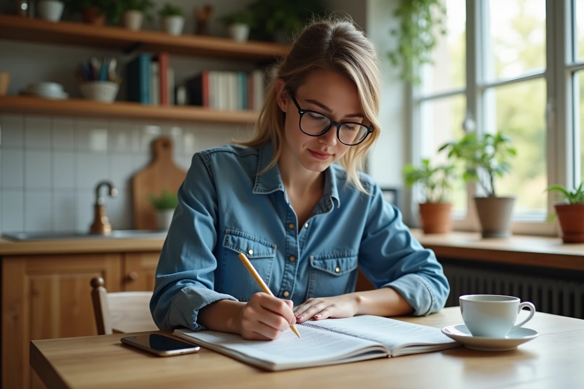 Jeune femme en cuisine prenant des notes dans un carnet