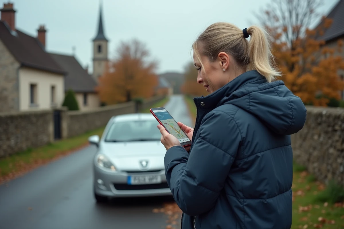 Femme debout près de sa voiture sur une route secondaire française consultant une application de trafic en temps réel pour une déviation