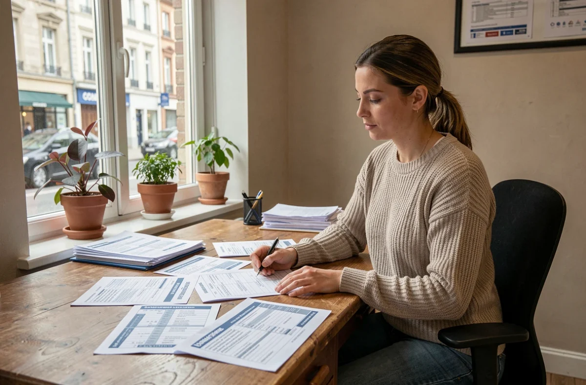 Femme consultant des devis d'assurance moto dans une agence à Dunkerque