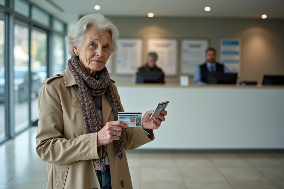 Femme française attend au guichet avec ses permis de conduire