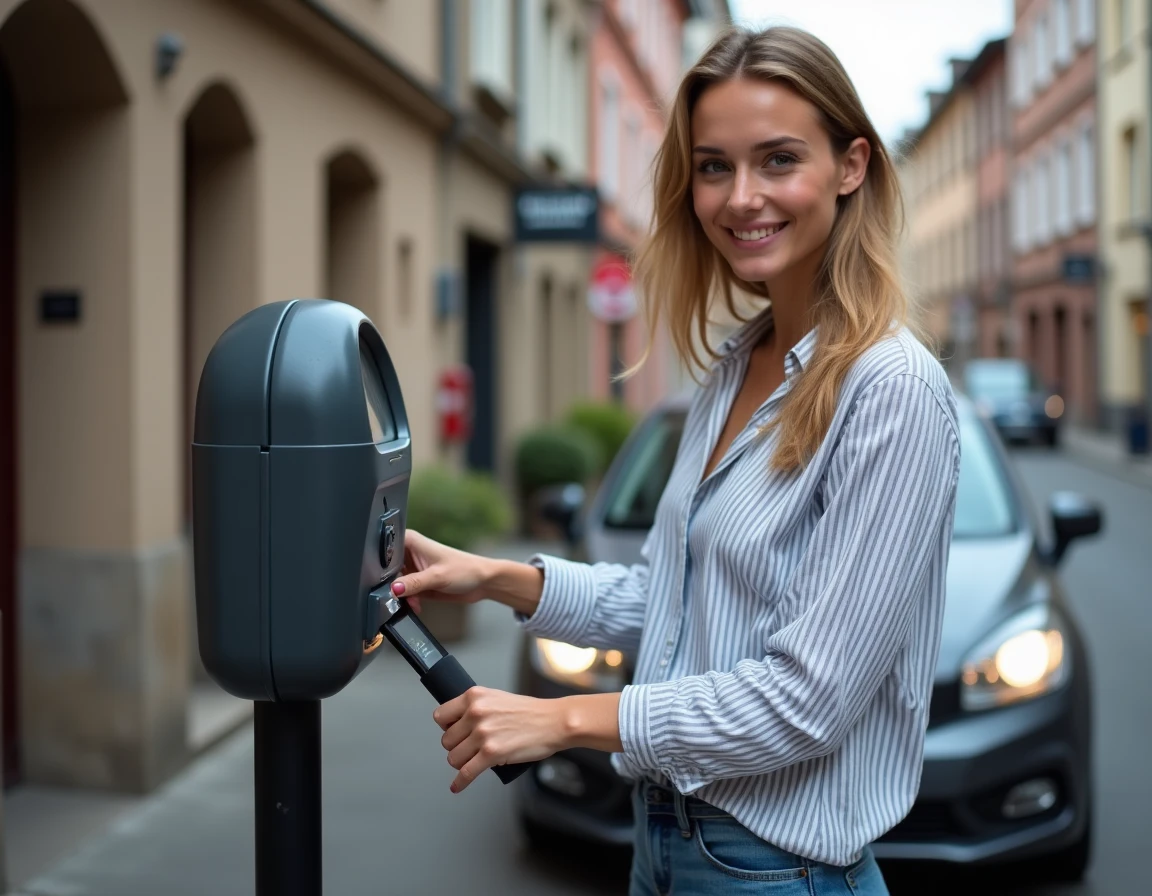Jeune femme payant un horodateur dans un parking municipal de Colmar entouré d'architecture alsacienne traditionnelle à colombages