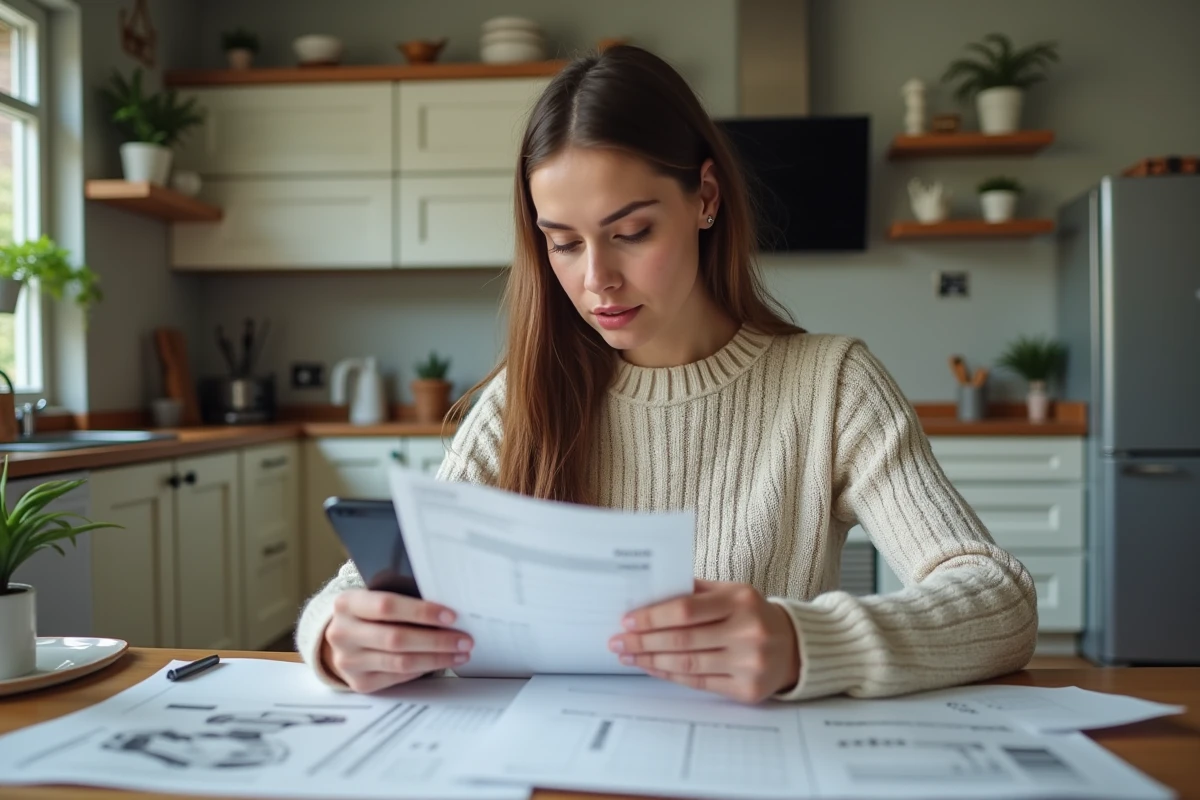 Femme examinant un manuel de voiture à la cuisine