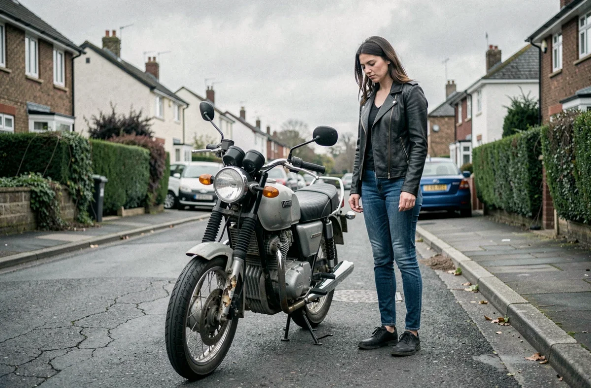 Femme motarde observant sa moto endommagée dans une rue résidentielle, contexte assurance moto au tiers