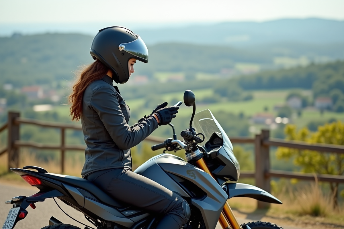 Femme en moto au paysage rural français