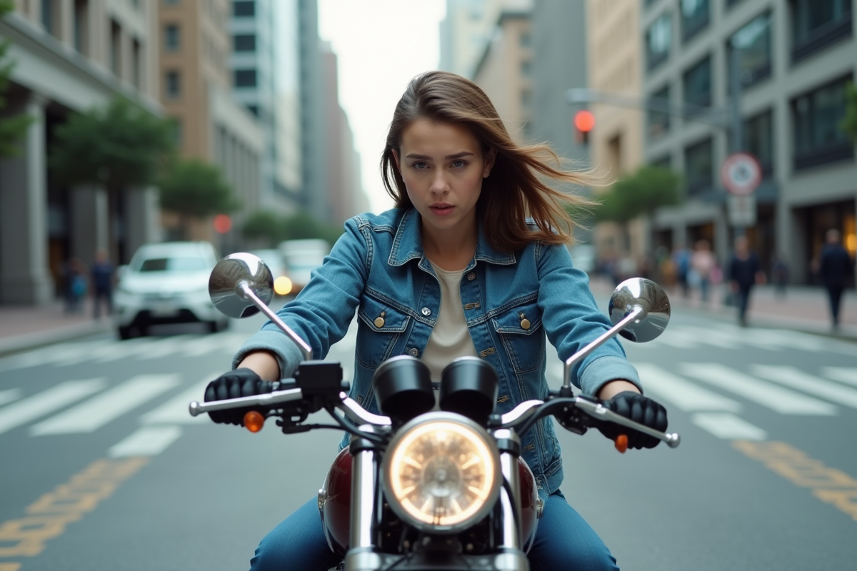 Femme sur moto regardant son smartphone en ville