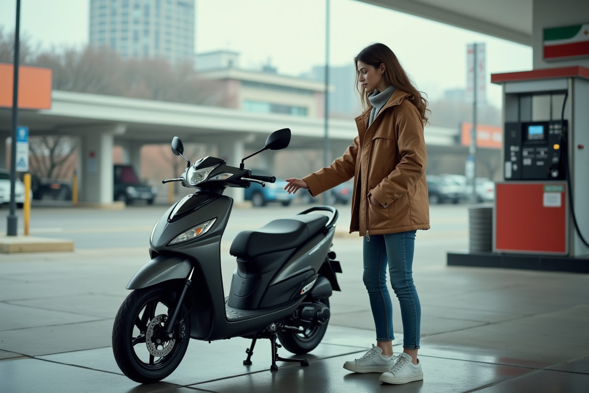 Jeune femme vérifiant moto 50cc à la station essence