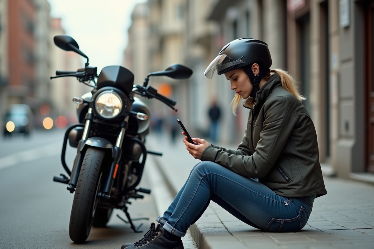 Jeune femme sur le trottoir avec moto en panne en ville