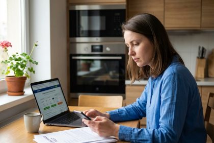 Jeune femme avec smartphone et documents d'assurance