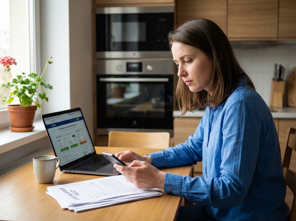 Jeune femme avec smartphone et documents d'assurance
