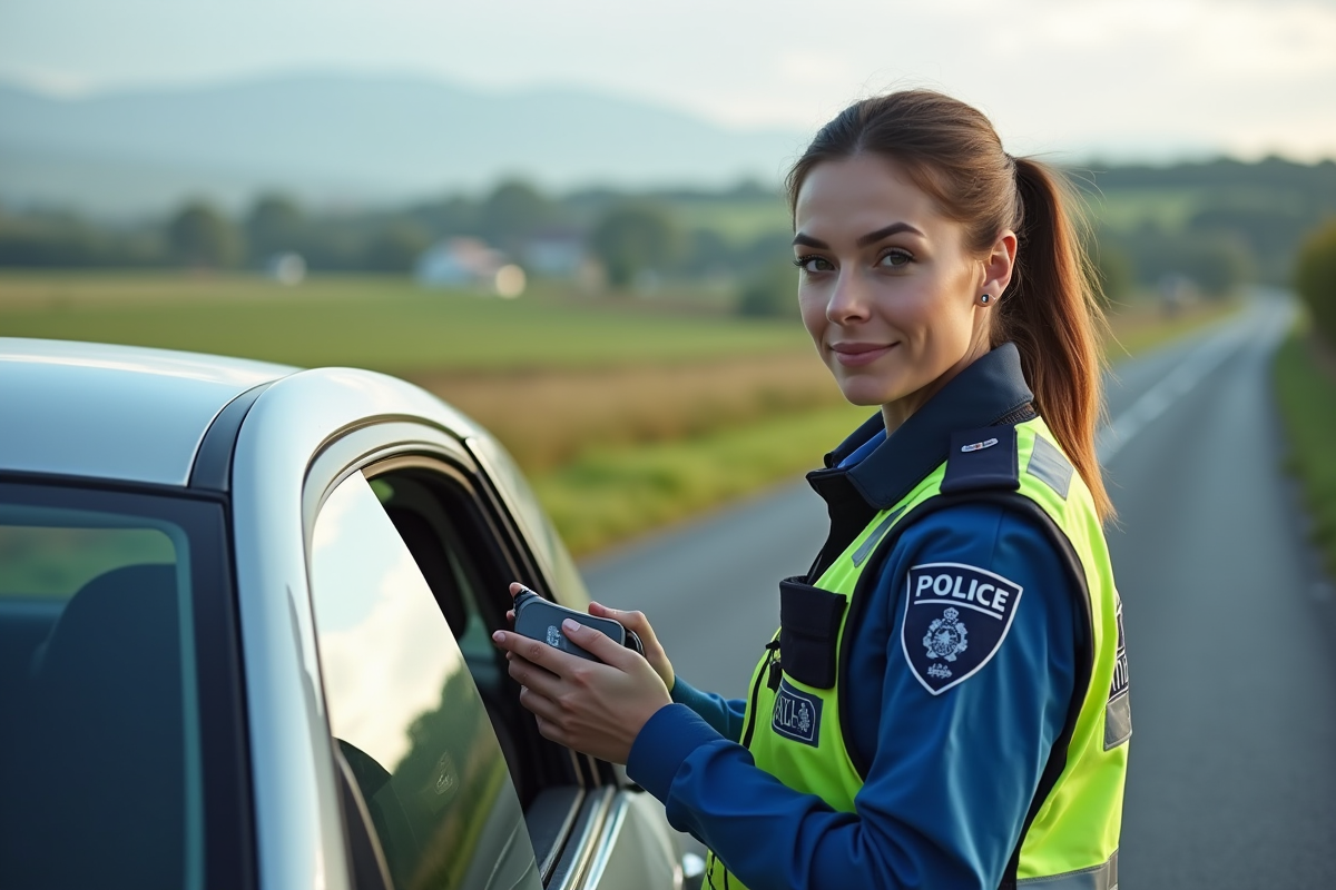 Policière contrôlant un conducteur sur le bord de la route