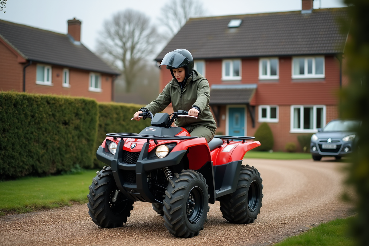 Femme ajustant son casque devant une maison avec quad