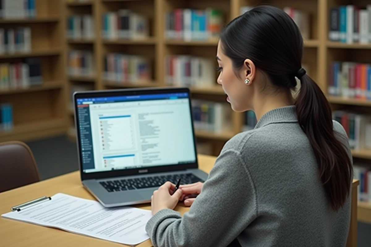 Femme préparant l'examen de permis de conduire avec un PDF sur ordinateur dans une bibliothèque