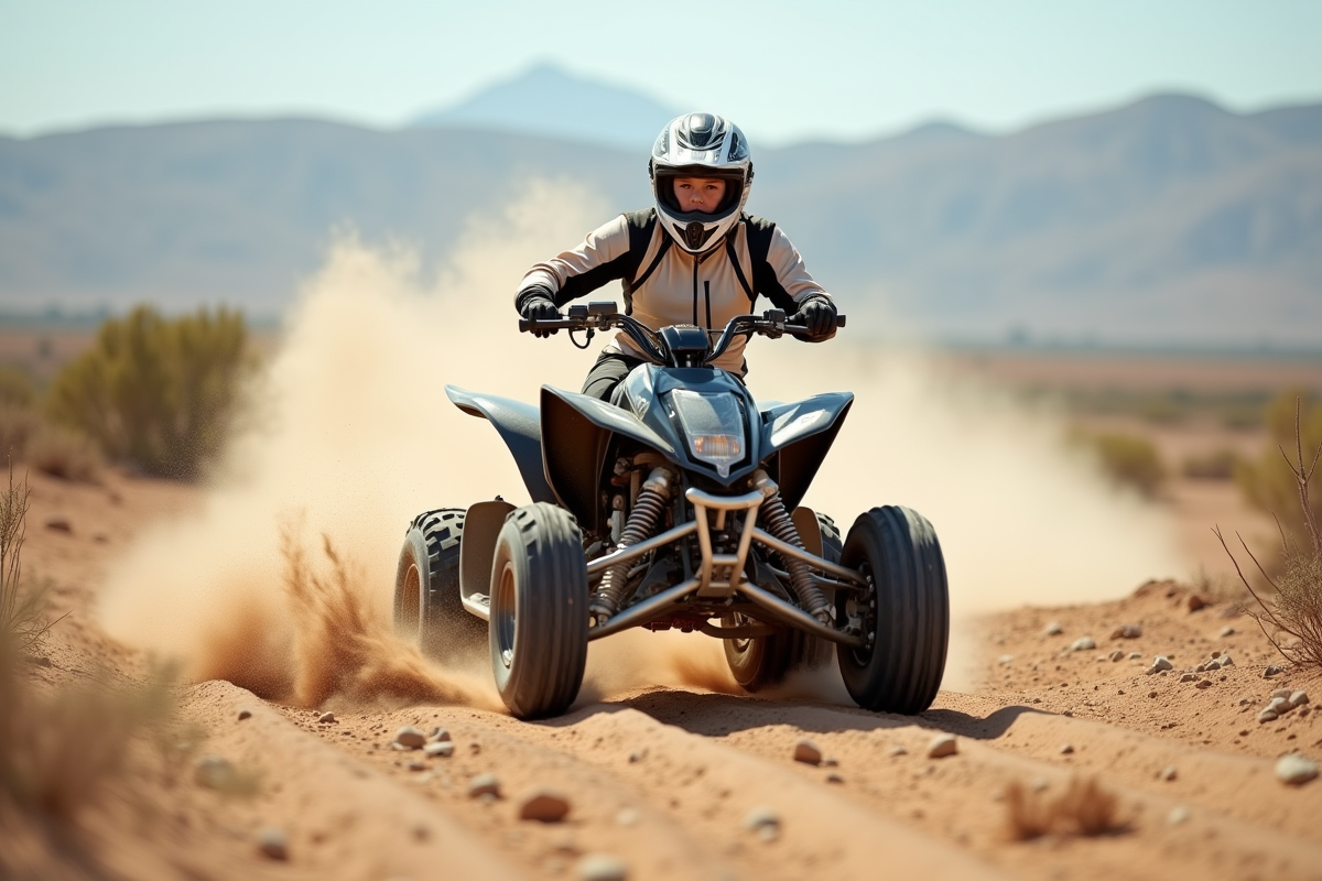 Femme en combinaison course pilotant un quad dans le sable
