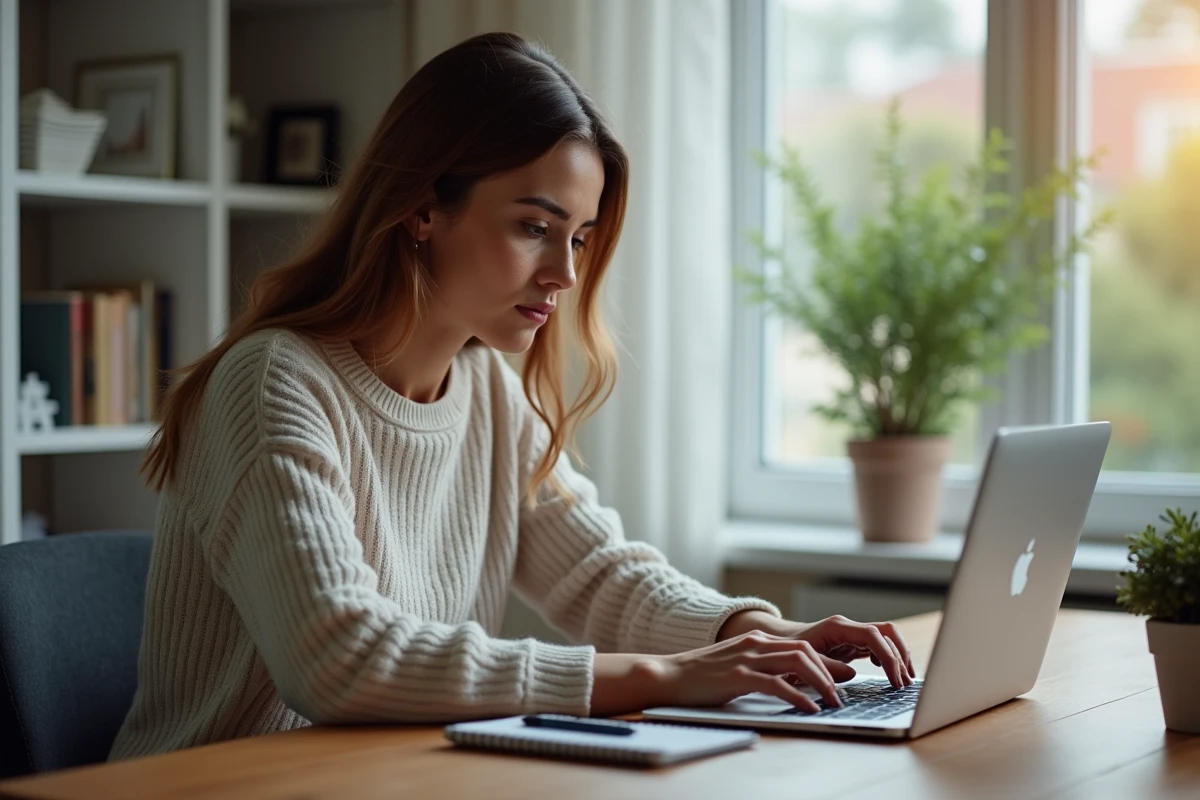 Une femme consulte un site d'annonces automobiles sur son ordinateur portable à domicile, représentant la recherche en ligne pour acheter une voiture de particulier