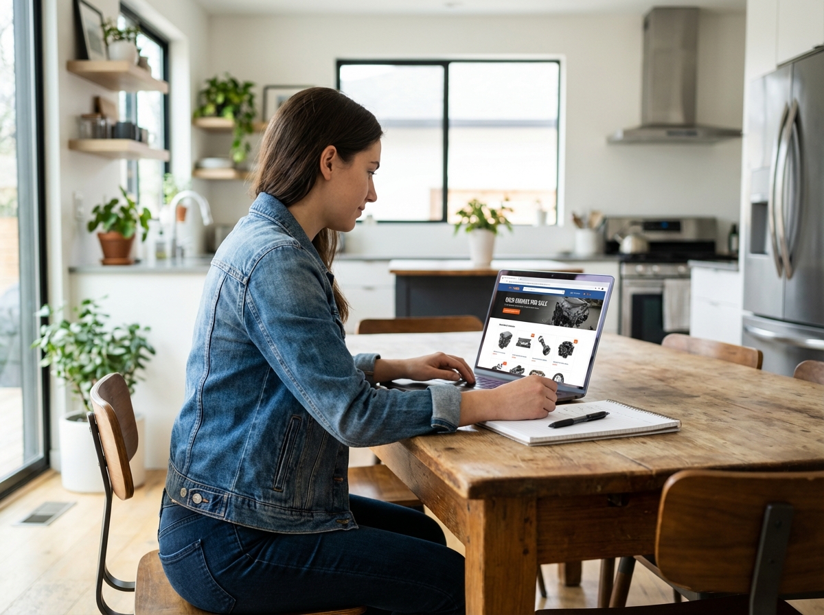 Jeune femme recherche des moteurs sur son ordinateur portable à la maison