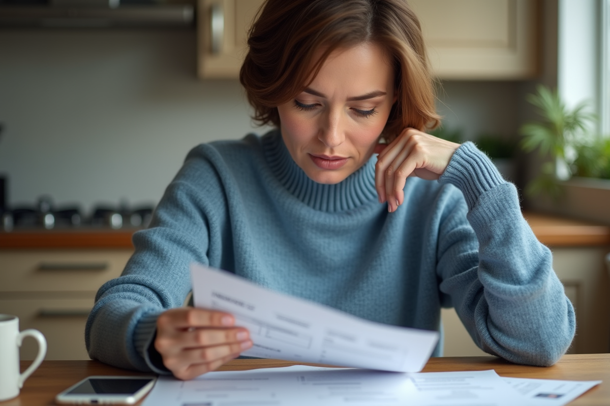 Femme d'âge moyen examine un relevé bancaire dans une cuisine lumineuse