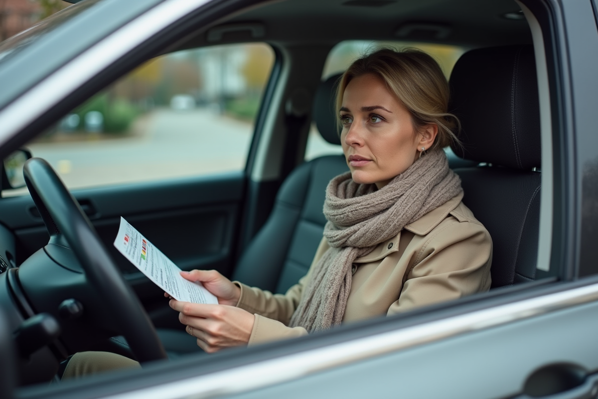 Femme dans sa voiture tenant son papier de renouvellement de permis