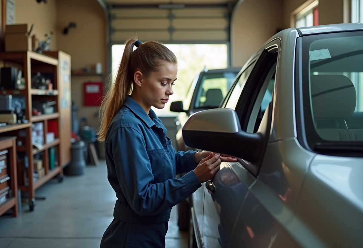 Femme en combinaison ajustant un miroir de voiture dans un garage