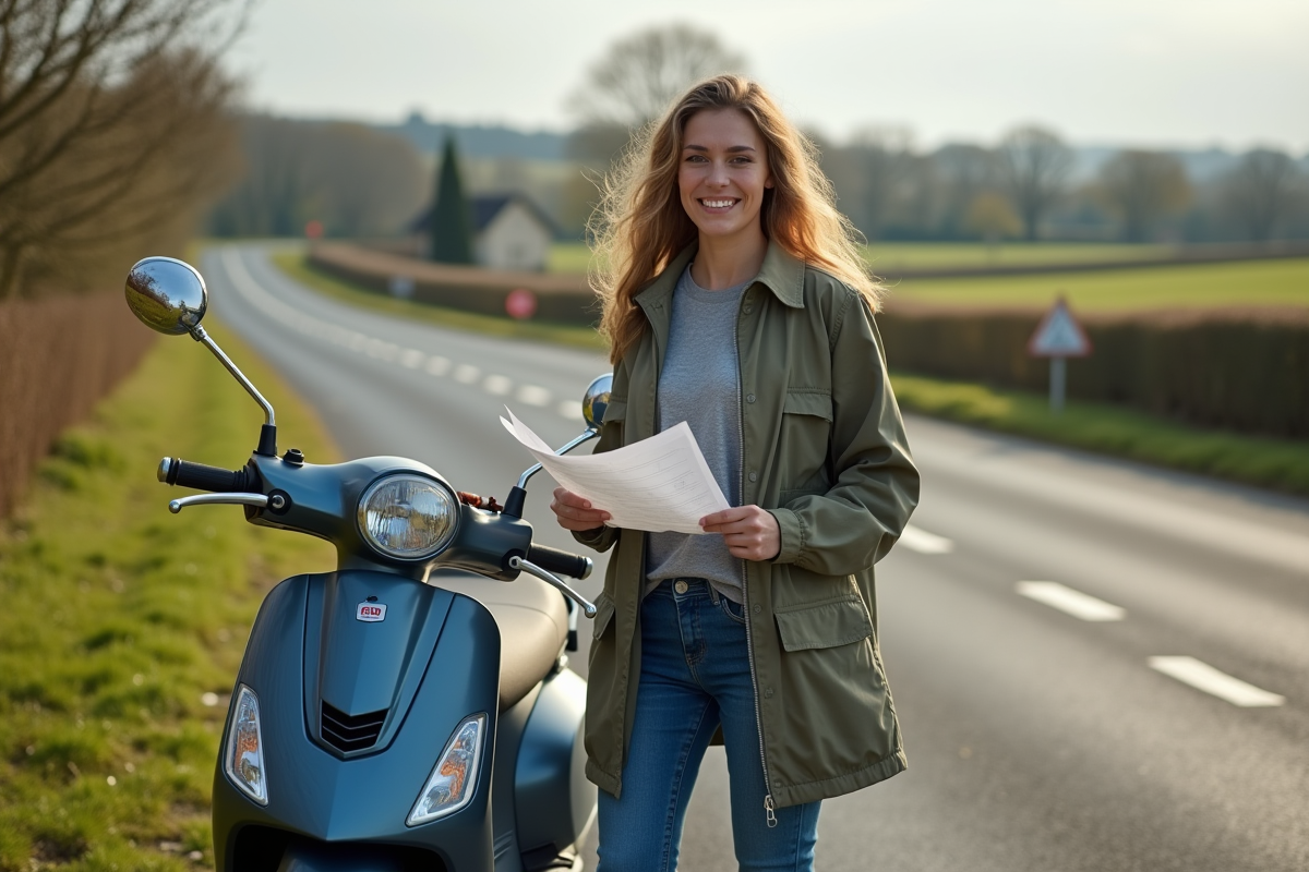 Femme avec scooter près d