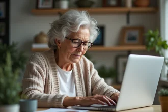 Femme âgée lisant sur un ordinateur portable dans un bureau chaleureux