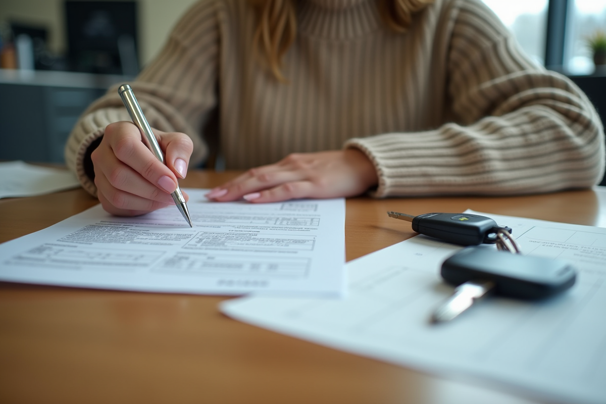 Jeune femme signe un formulaire de voiture à un bureau