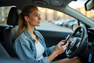Femme dans sa voiture utilisant une appli d'assurance
