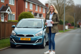 Femme souriante avec documents d'assurance voiture en extérieur